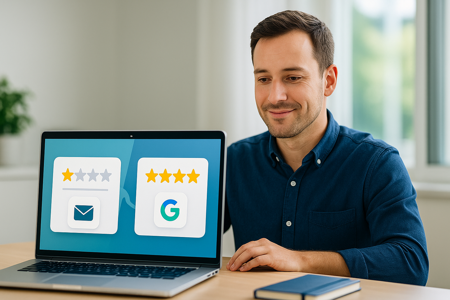 Propriétaire d'entreprise utilisant un système de gestion des avis Google pour faciliter le partage des retours clients