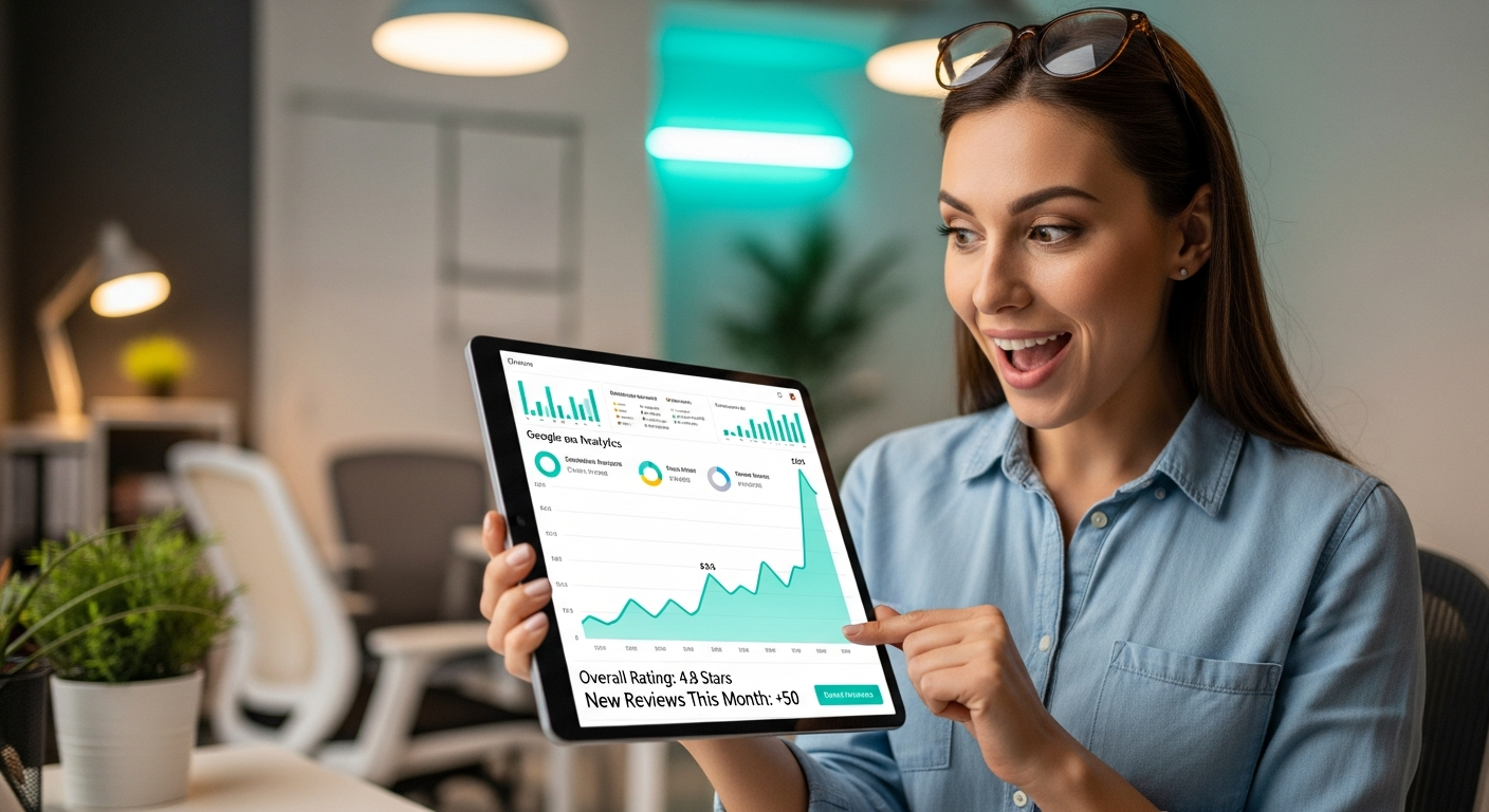 Propriétaire d'entreprise vérifiant le graphique de croissance ascendante sur tablette montrant les avis positifs augmentés et les métriques de succès commercial