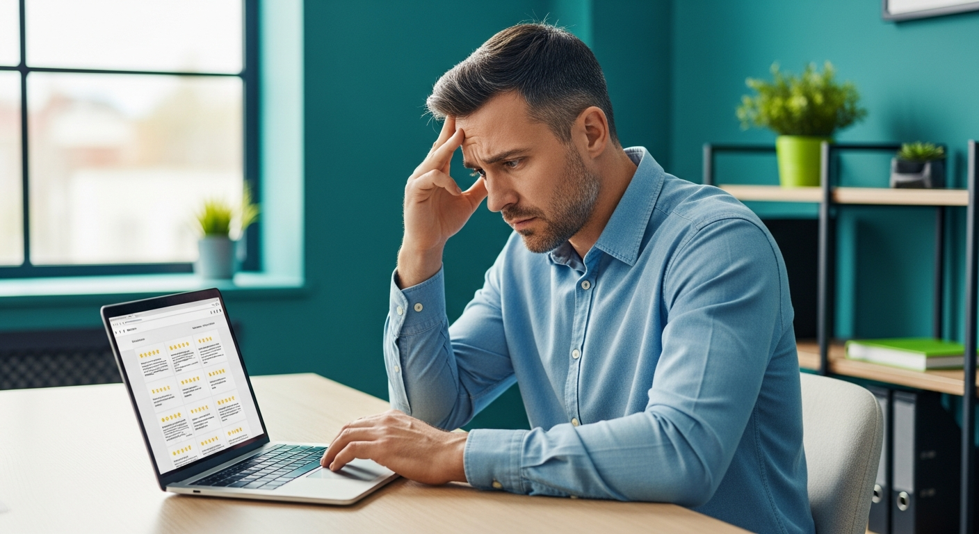 Propriétaire d'entreprise analysant les erreurs de gestion de réputation en ligne sur son ordinateur