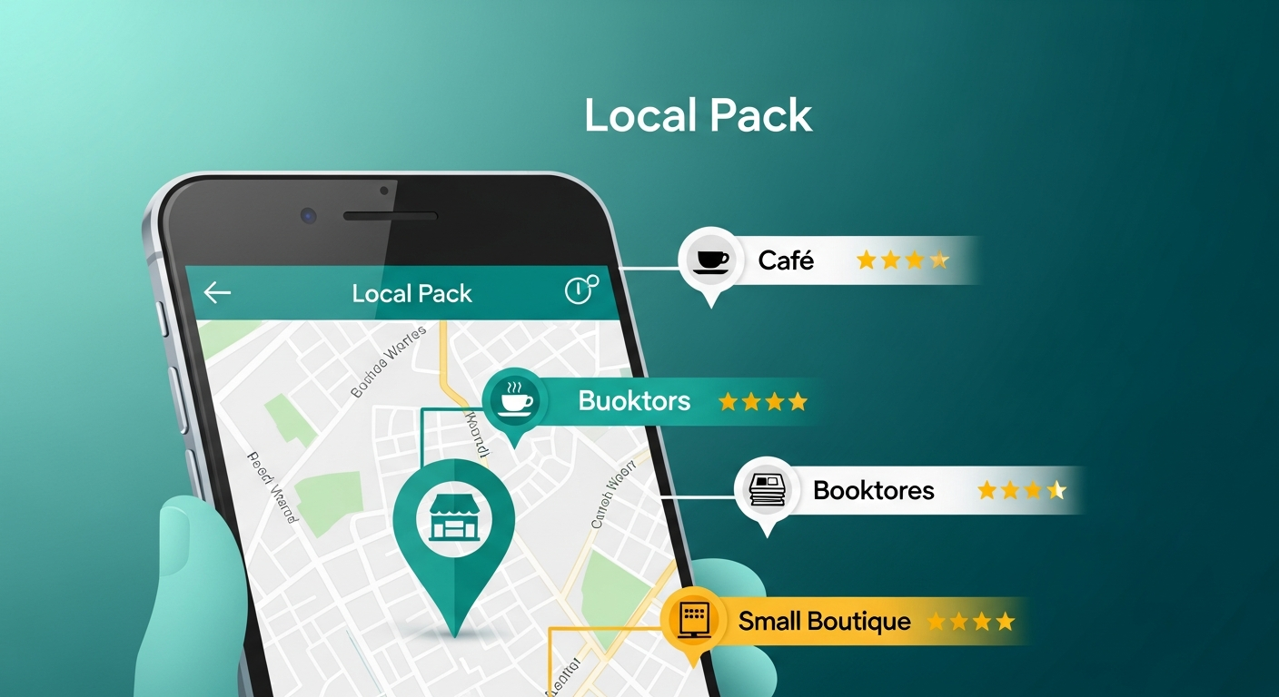 Smartphone affichant le pack local Google Maps avec les meilleures entreprises