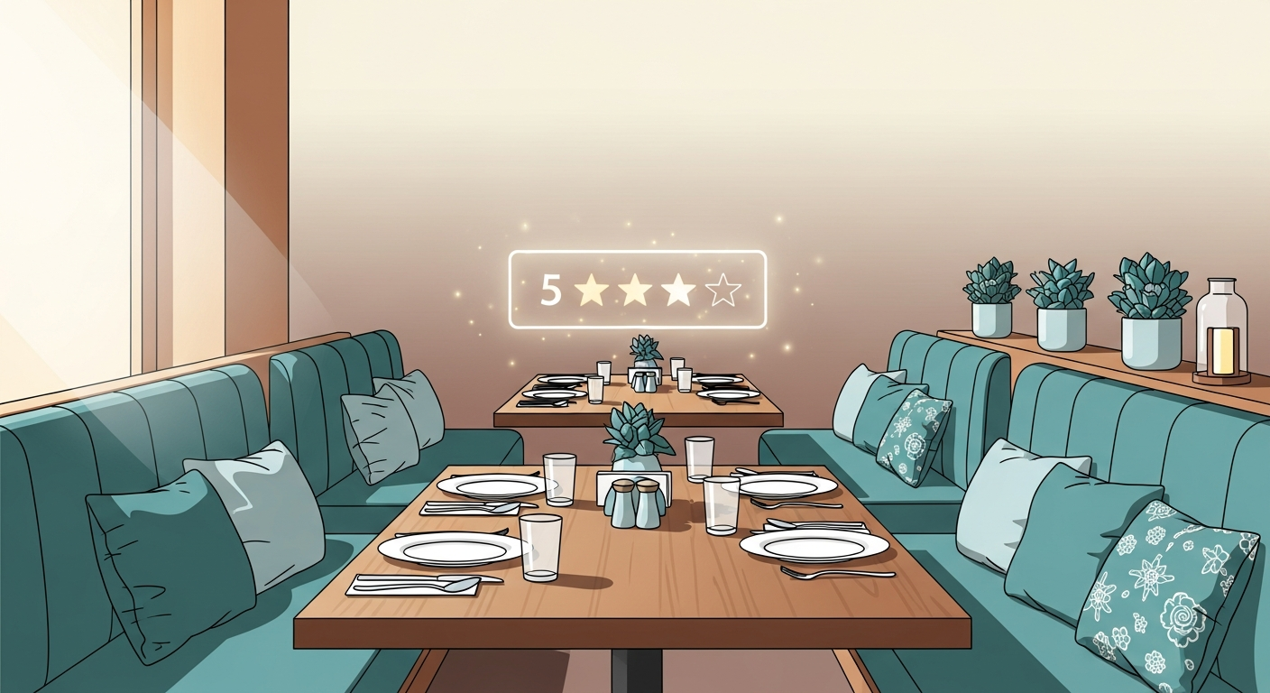Intérieur de restaurant chaleureux avec un avis cinq étoiles lumineux