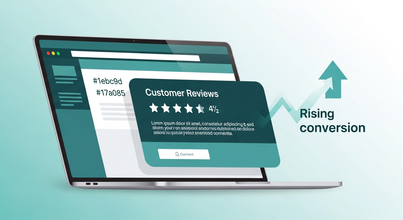 Laptop browser showing a customer reviews widget with star ratings