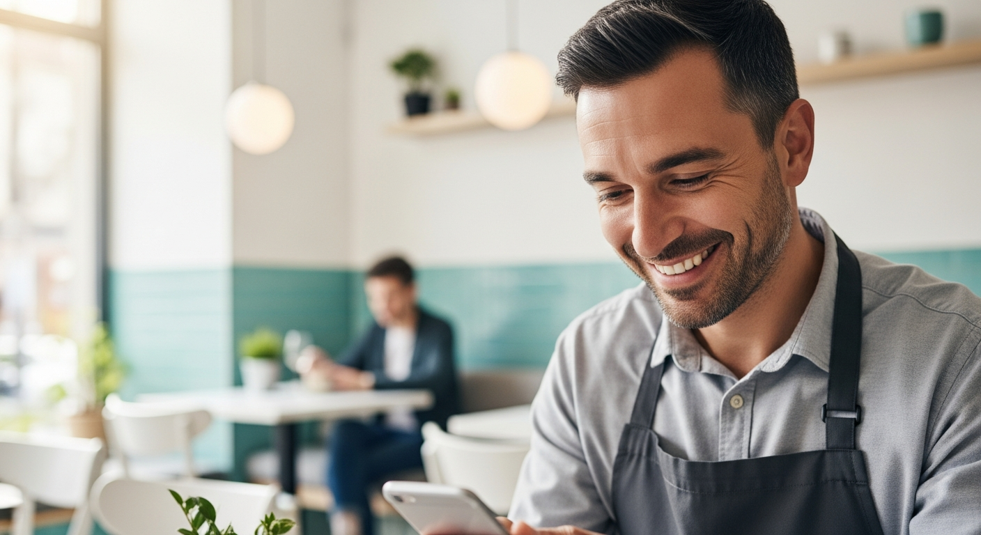 Restaurateur consultant calmement un retour client privé sur son téléphone avant qu'il ne devienne un avis Google public