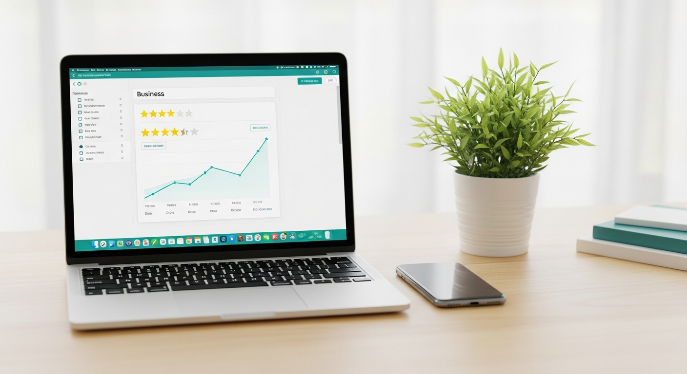 Ordinateur portable affichant un tableau de bord de gestion des avis Google avec des notes 5 étoiles en hausse et des réponses automatisées