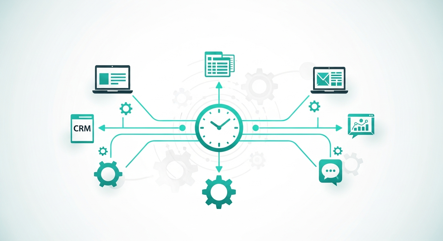 Nœuds de workflow automatisés reliant ordinateur, tableur, CRM et applications de messagerie
