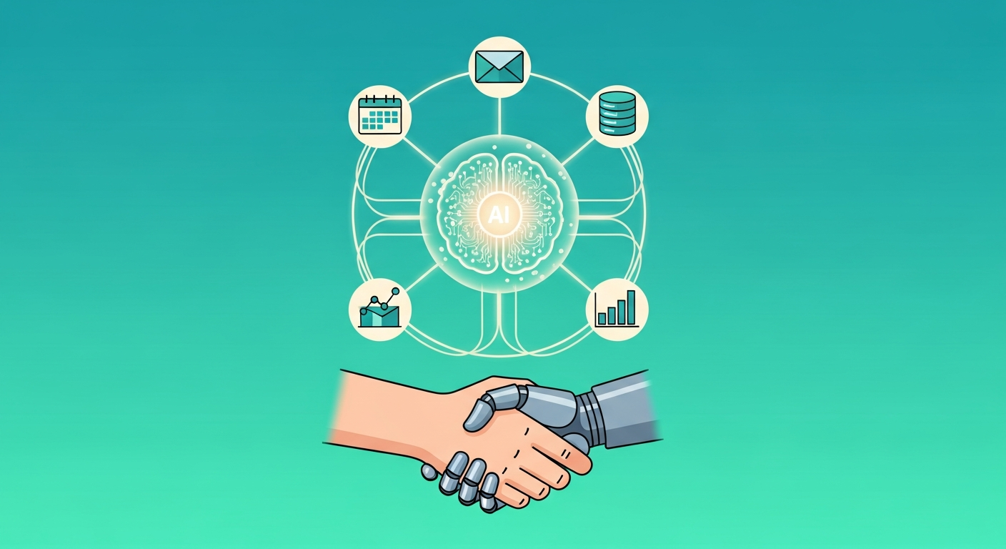 Hub IA connecté à des icônes d'outils métiers avec une poignée de main entre humain et robot