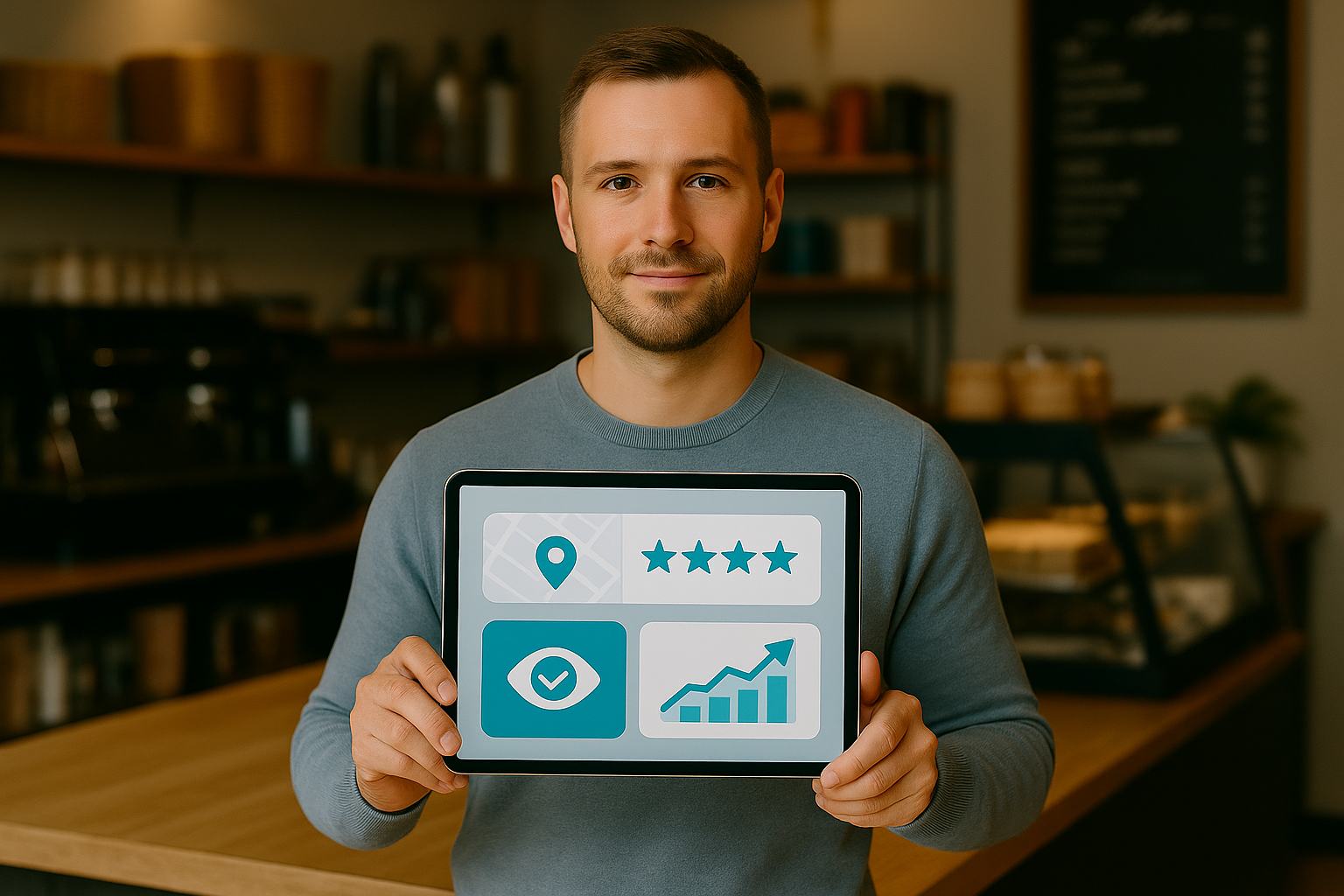 Propriétaire d'entreprise locale tirant parti des avis Google pour augmenter la visibilité, la confiance des clients et la croissance durable