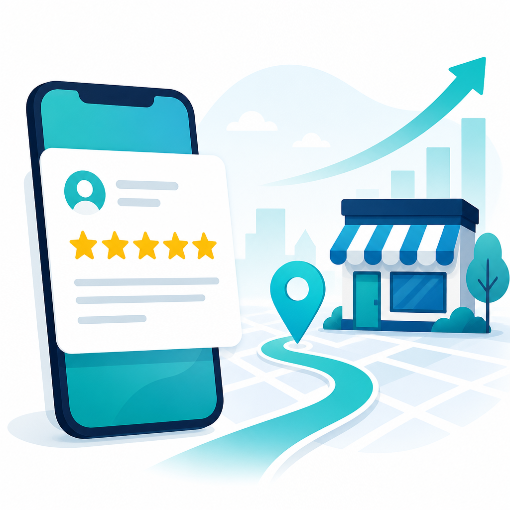 Flat illustration of Google review stars and a local search visibility path